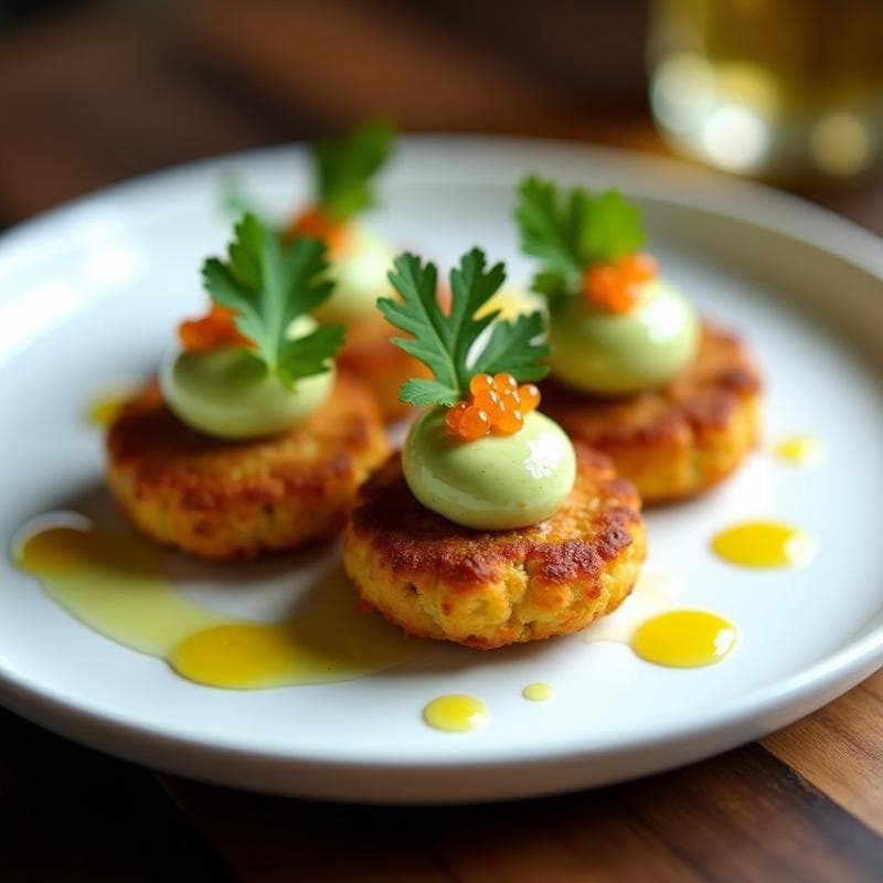 Tortitas de Lentejas Coral con Espuma de Aguacate y Huevas de Trucha: Aperitivo Proteico Sin Horno