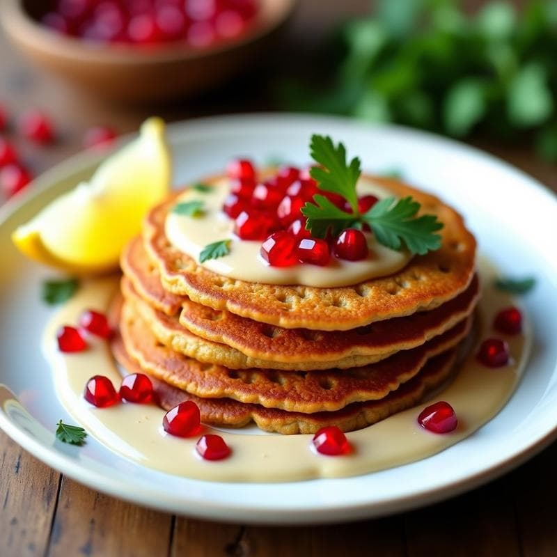 Tortitas de lentejas rojas con crema de tahini y granada: Desayuno proteico sin gluten en 15 minutos