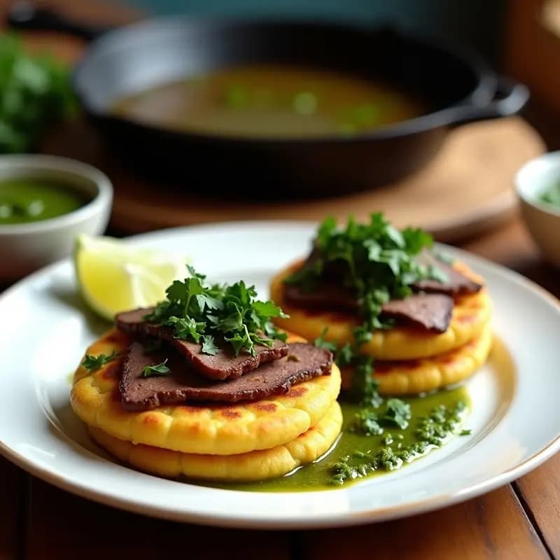 Tortitas de Maíz con Asadito de Res y Chimichurri: Receta Colombiana en Sartén