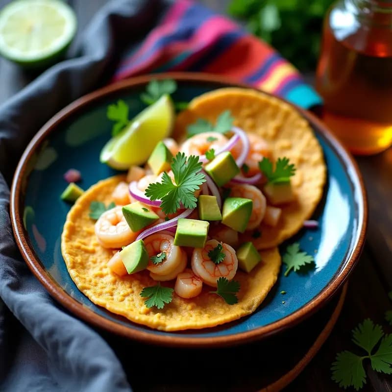 Tortitas de Maíz Azul con Ceviche de Camarón y Aguacate: Desayuno Mexicano Keto y Sin Gluten