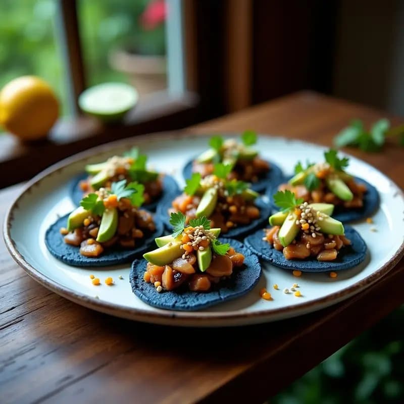 Tortitas de Maíz Azul con Ceviche de Champiñones: Aperitivo Mexicano Vegano