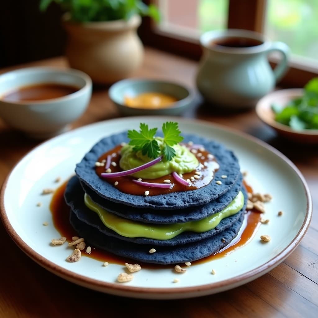 Tortitas de Maíz Azul con Salsa de Chile Pasilla y Crema de Aguacate: Desayuno Mexicano Vegano