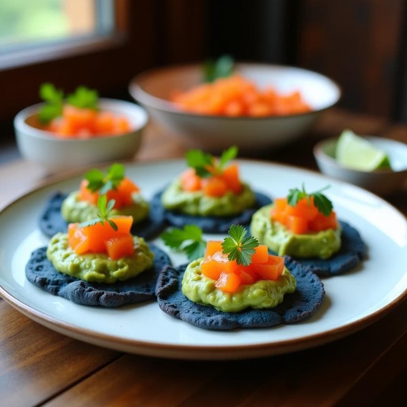 Tortitas de Maíz Azul con Guacamole y Huevas de Trucha: Aperitivo Gourmet Sin Gluten