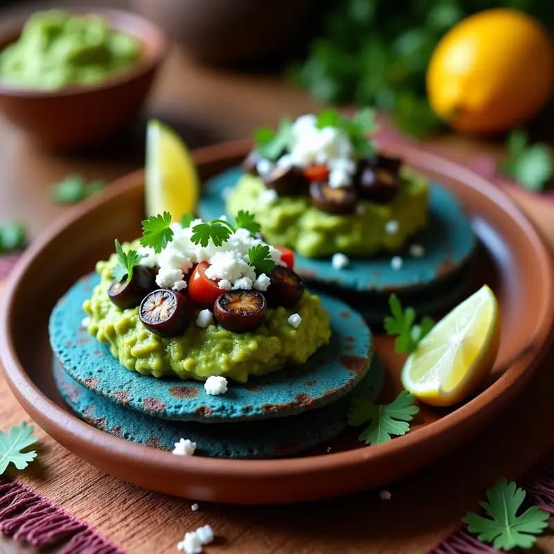 Tortitas de Maíz Azules con Guacamole y Huitlacoche: Receta Mexicana Tradicional de Desayuno o Cena
