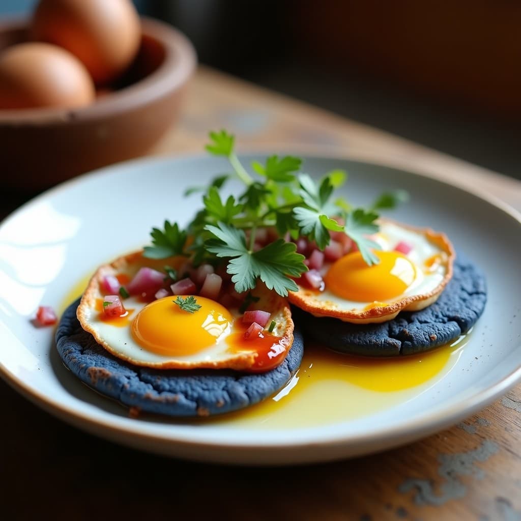Tortitas de Maíz Azul con Huevo de Patas Negras y Salsa Chipotle: Desayuno Gourmet en 15 Minutos