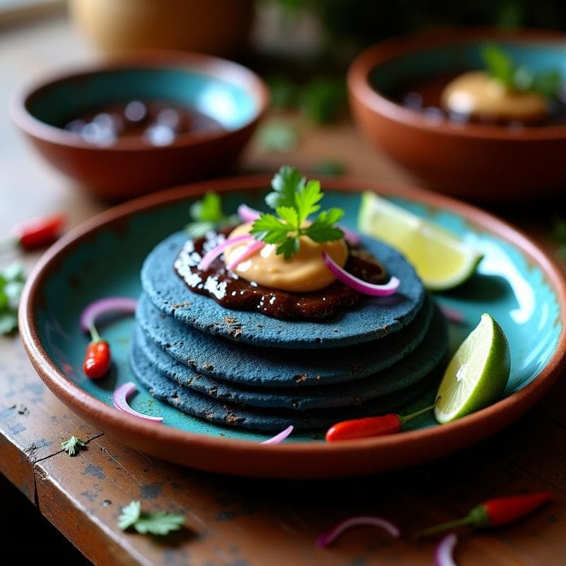 Tortitas de Maíz Azul con Mole Negro y Crema de Cacahuete: Receta Mexicana Vegana en 15 Minutos