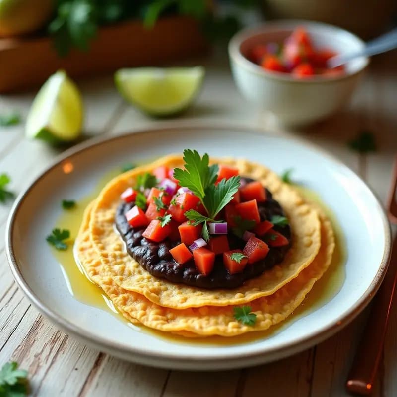 Tortitas de Maíz con Crema de Frijoles Negros y Pico de Gallo: Desayuno Mexicano Vegano y Crujiente