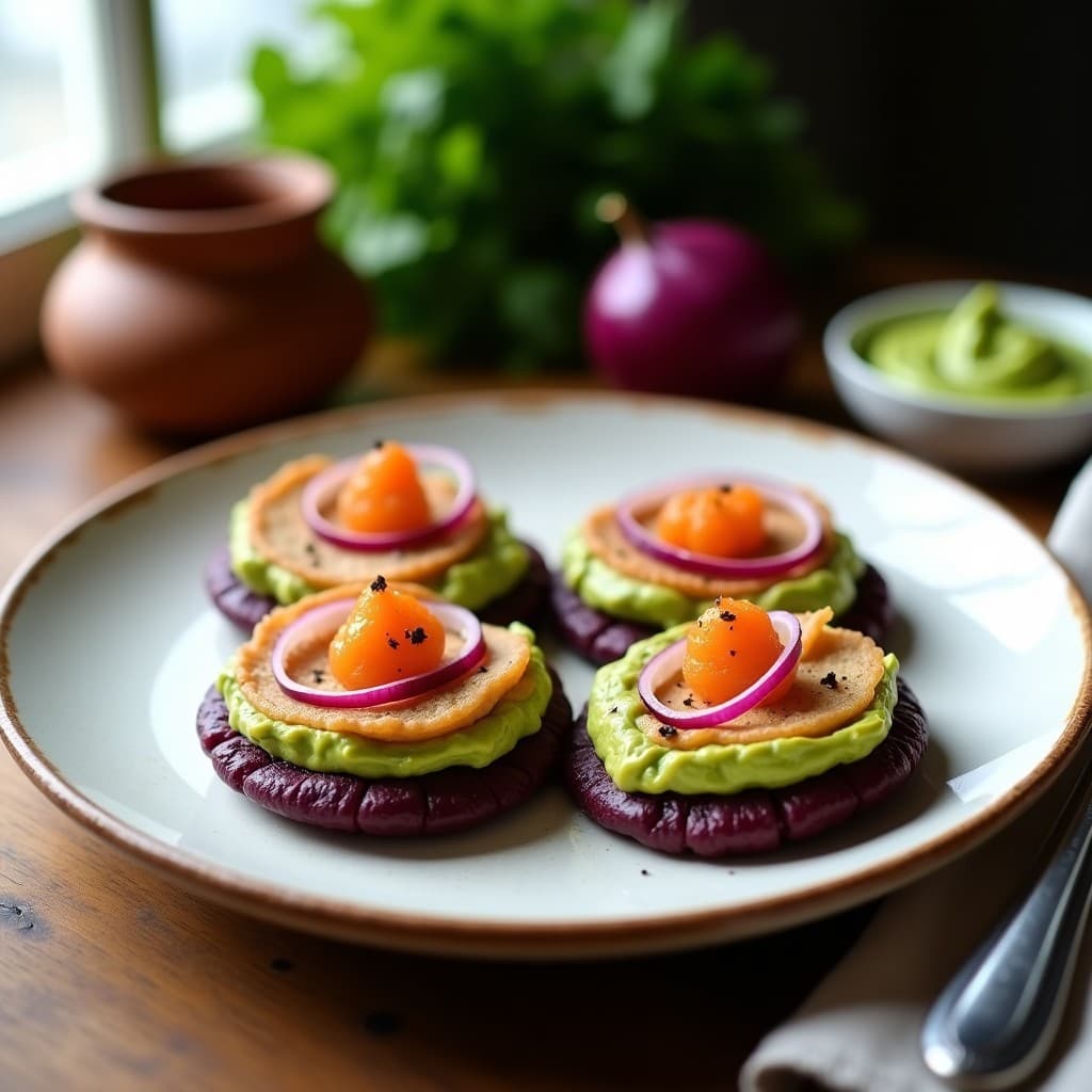 Tortitas de Maíz Morado con Crema de Aguacate y Huevas de Pesca: Receta Colombiana en Sartén
