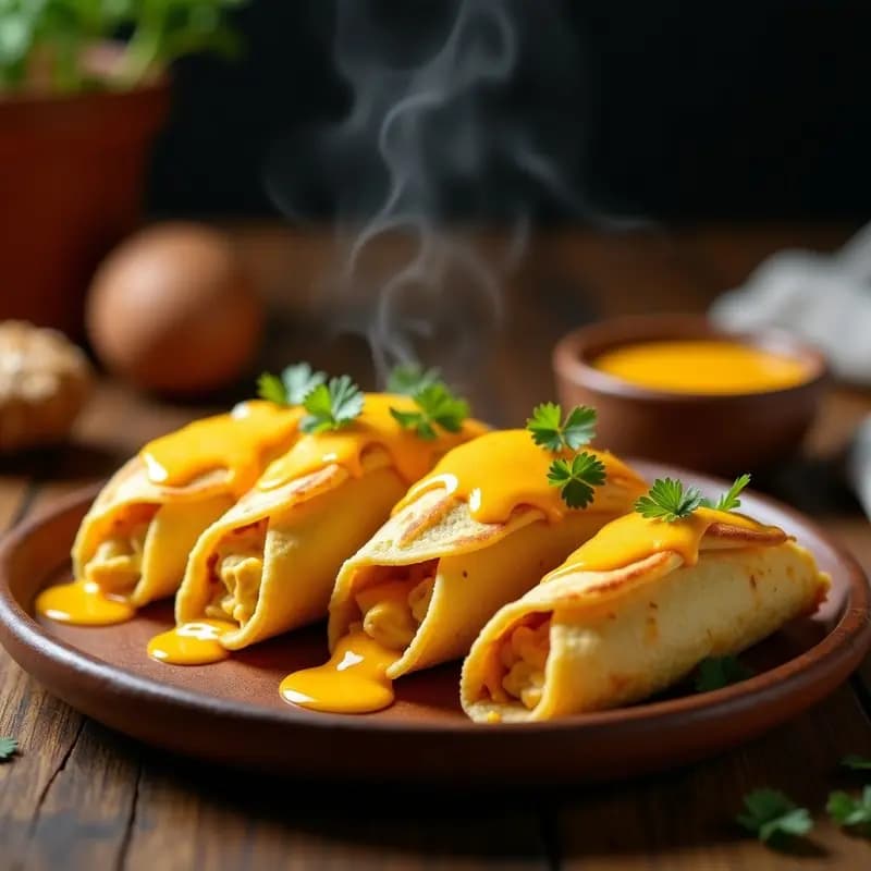 Tortitas de Maíz Rellenas de Pollo al Curry y Bañadas en Queso Cheddar:,Fusión Explosiva