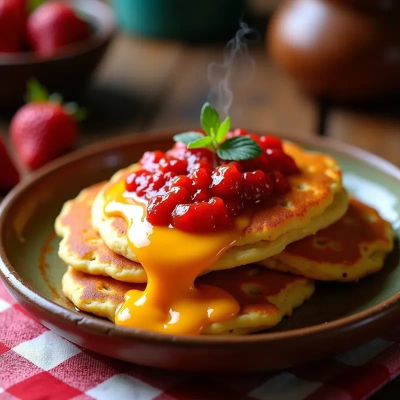 Tortitas de Harina de Maíz con Queso fundido y Mermelada de Fresa Picante: Desayuno Tex-Mex
