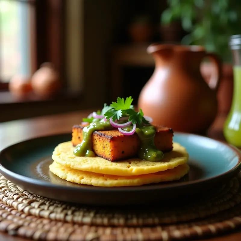 Tortitas de Maíz con Chicharrón de Tofu y Salsa Verde: Receta Mexicana Vegana para Desayunar