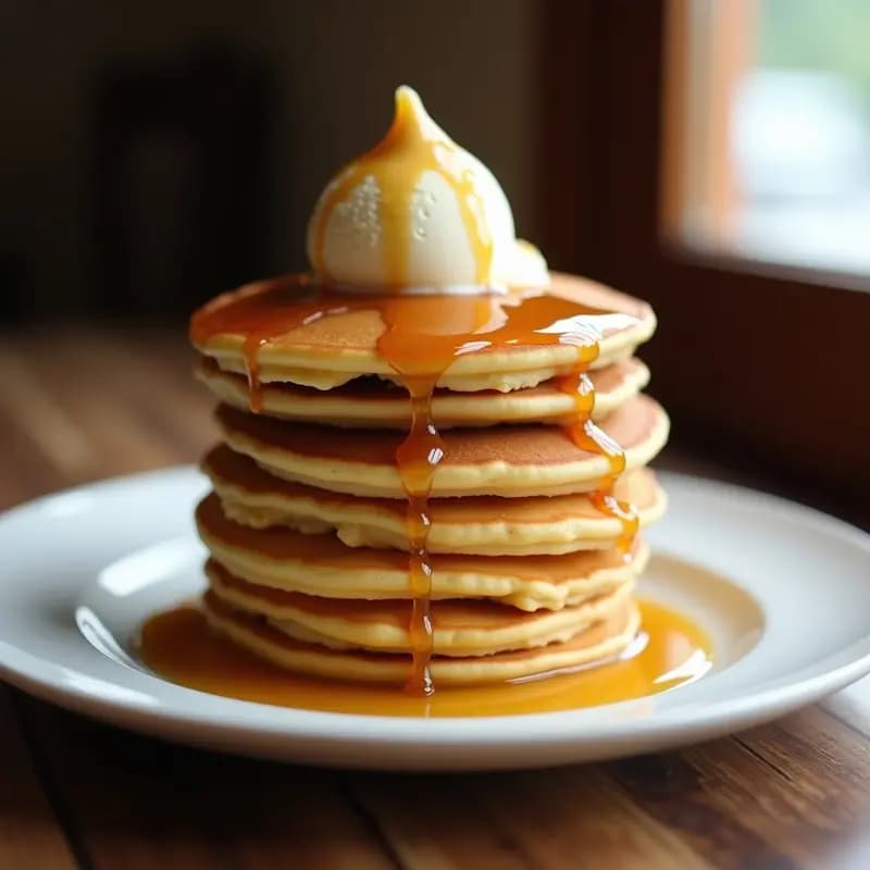 Tortitas Espesas con Sirope de Arce, Mantequilla de Cacahuete y Helado de Vainilla: Desayuno de Campeón (o de Glotón)