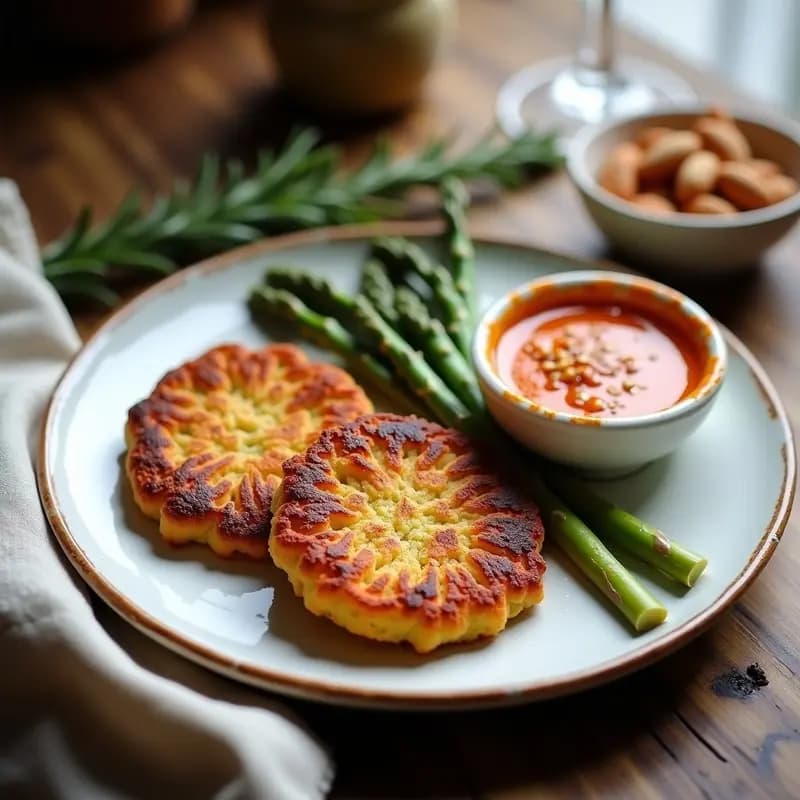 Tortitas de Socarrat con Espárragos Blancos y Romesco: Receta Española Keto en Airfryer