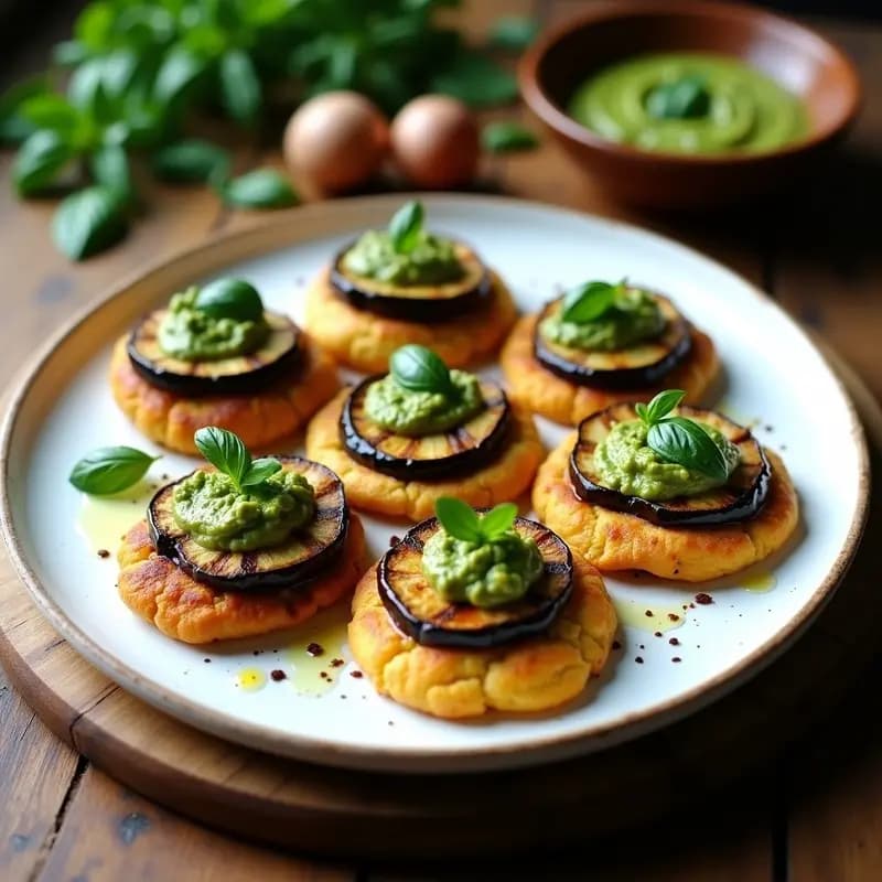 Tortitas de Socca con Relleno de Berenjena Asada y Pesto de Albahaca: Receta Francesa Sin Gluten