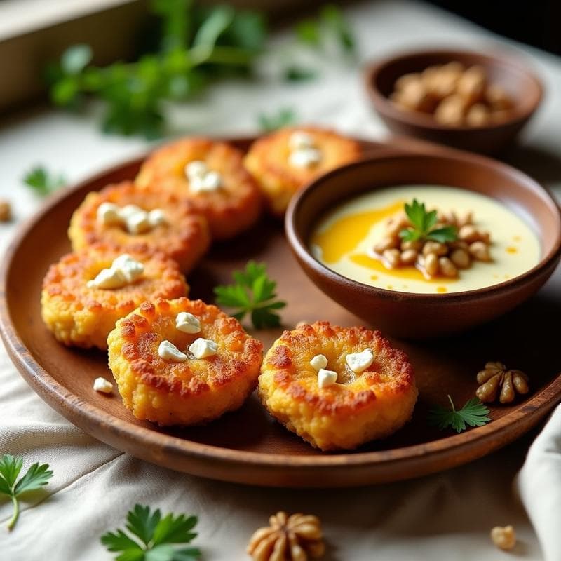 Tortitas de Harina de Sorgo y Queso Feta: Receta Sin Gluten con Dip de Miel y Nueces