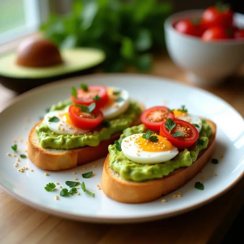 Tост de Pan de Ajo con Aguacate y Huevos Poché: Desayuno Ruso Vegano con Toque Mexicano