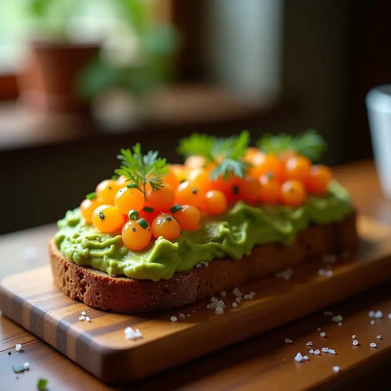Tosta de Pan de Centeno con Aguacate, Huevas de Trucha y Caviar de Limón: Receta Gourmet Sin Cocción