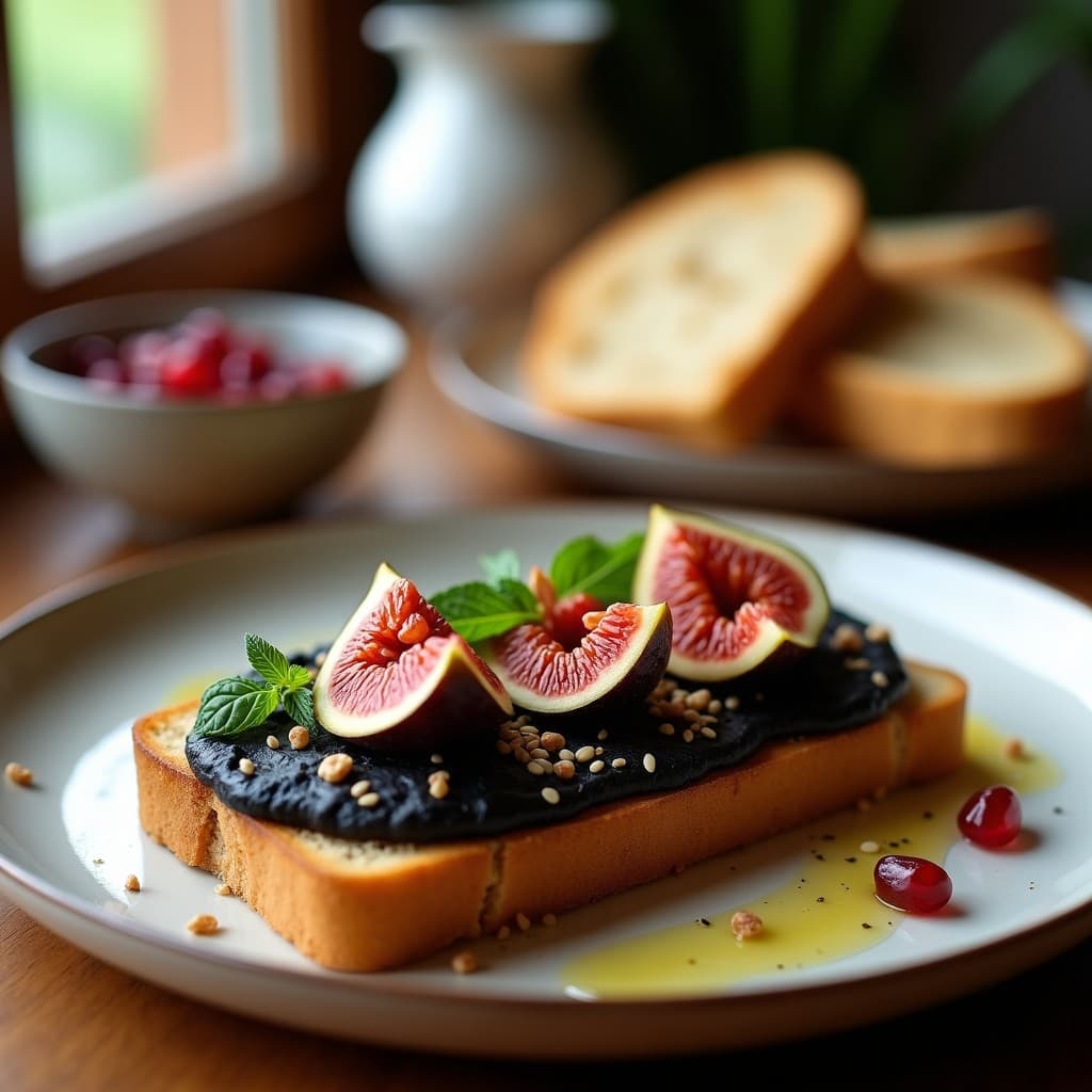Tosta de Pan de Espelta con Crema de Hummus Negro y Higos Caramelizados: Desayuno Libanés Gourmet