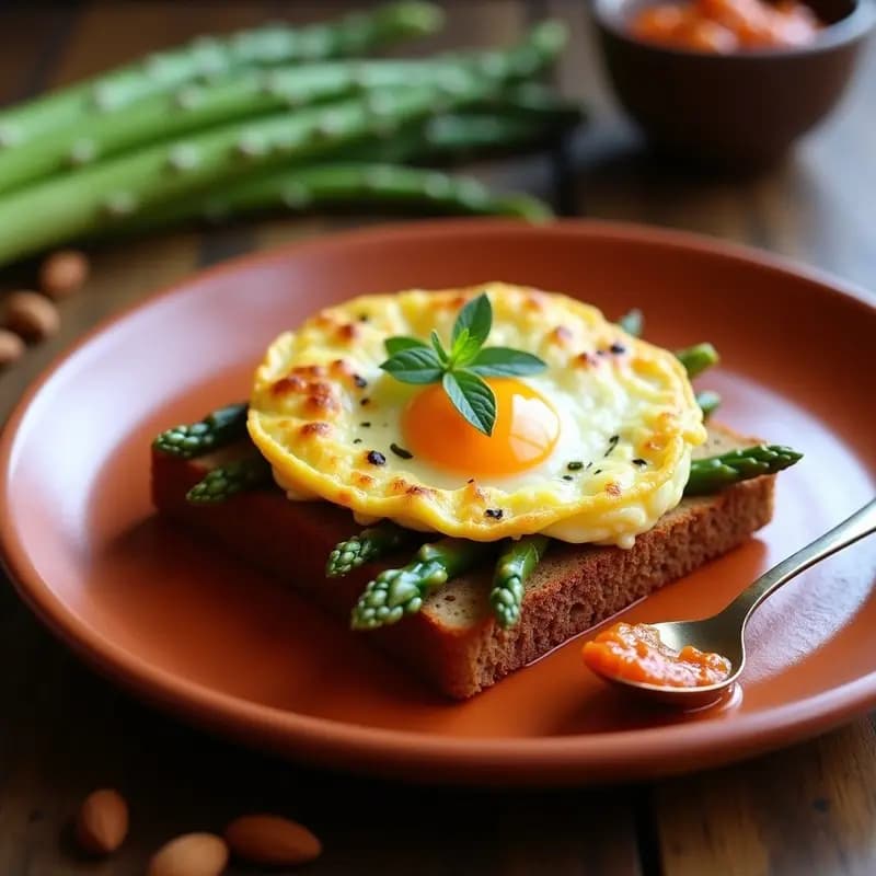 Tosta de Pan de Centeno con Tortilla de Espárragos y Romesco: Desayuno Salado Catalán