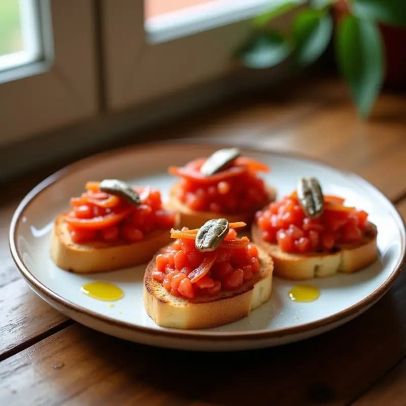 Tosta de Pan con Tomate, Anchoas y Pimiento Asado: Aperitivo Catalán en 5 Minutos