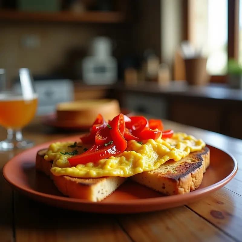 Tosta de Pan de Barrio con Tortilla de Patata y Pimientos Asados: Desayuno Contundente