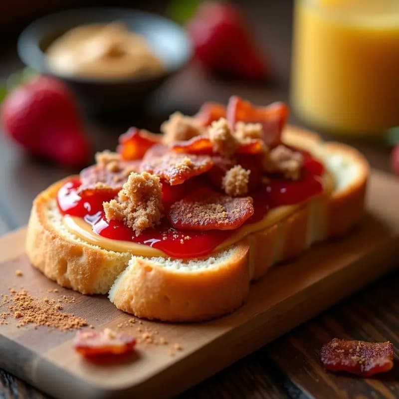 Tostada de Pan de Molde con Mantequilla de Cacahuete Mermelada y Crujiente de Tocino: Desayuno Energético