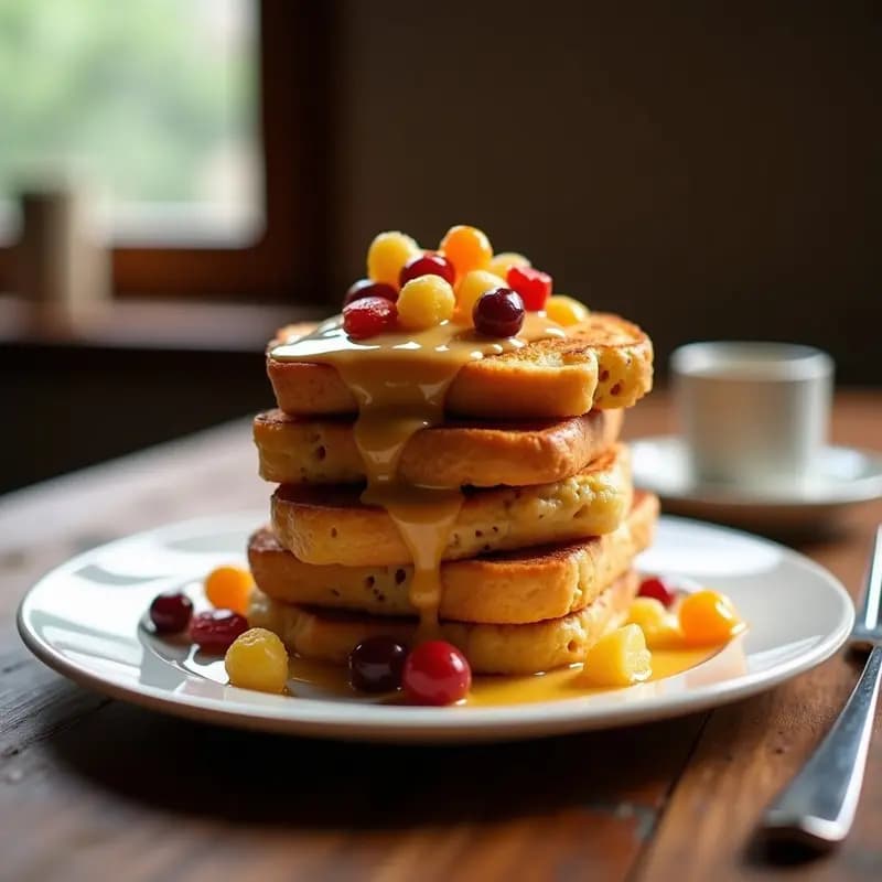 Tostada Francesa con Capas de Cereal Frosties, Leche Condensada y Frutas Escarchadas: Desayuno de Cuento