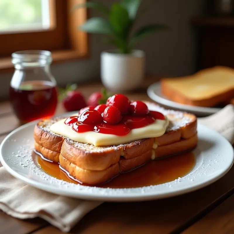 Tostada Francesa con Mermelada de Fresa, Queso Crema y Sirope de Arce: Desayuno Dulce para Días Especiales