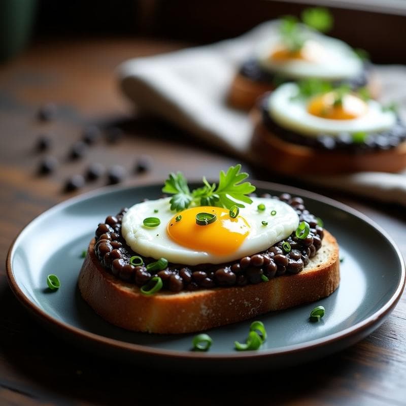 Tostada de Pan de Centeno con Puré de Lentejas Negras y Huevo Poché: Desayuno Alta en Proteína