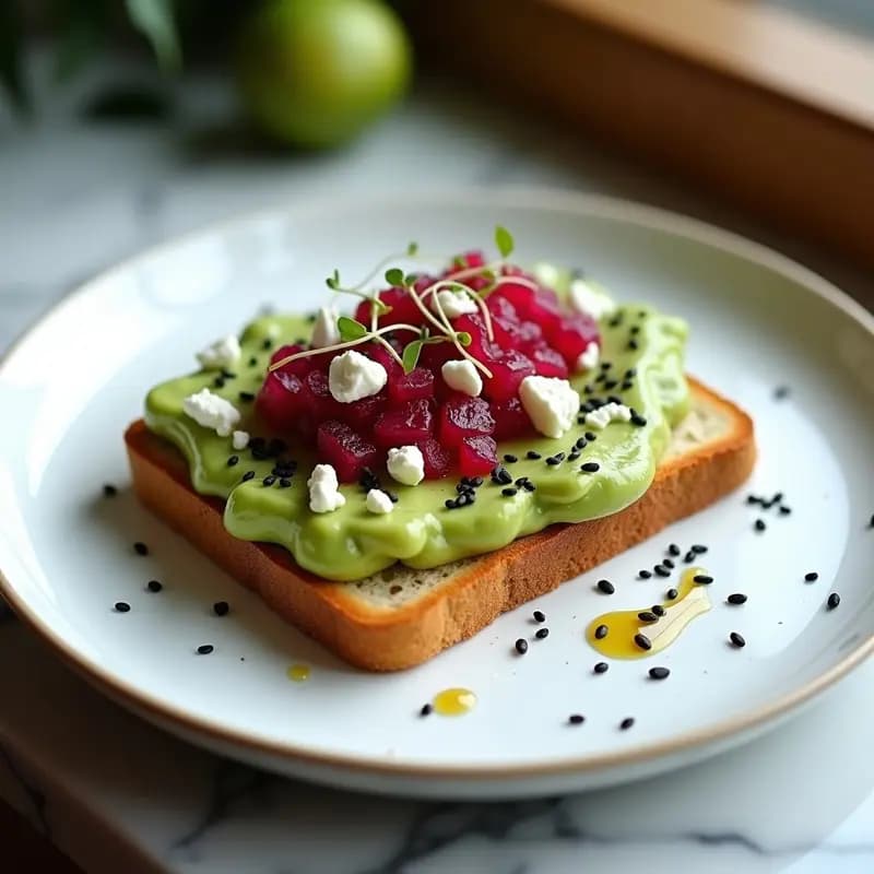 Tostada de Pan de Cristal con Aguacate y Caviar de Remolacha: Desayuno Estético y Nutritivo