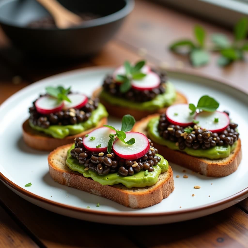 Tostadas de Aguacate y Caviar de Lentejas Negras: Brunch Gourmet Sin Gluten en 10 Minutos