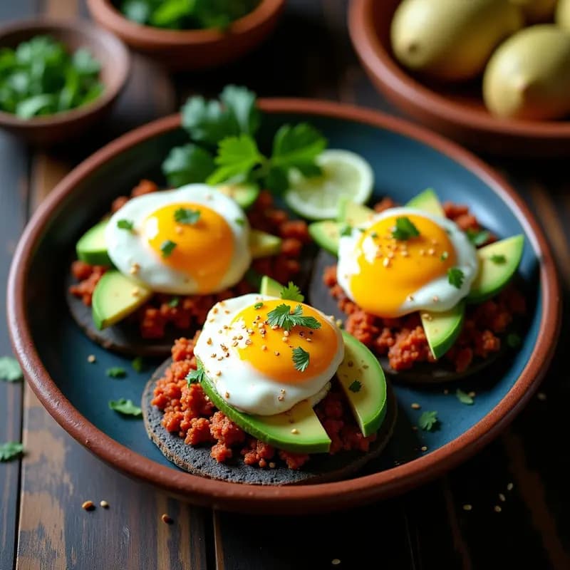 Tostadas de Aguacate y Chorizo Vegano: Desayuno Mexicano con Salsa Chipotle y Huevo Poché