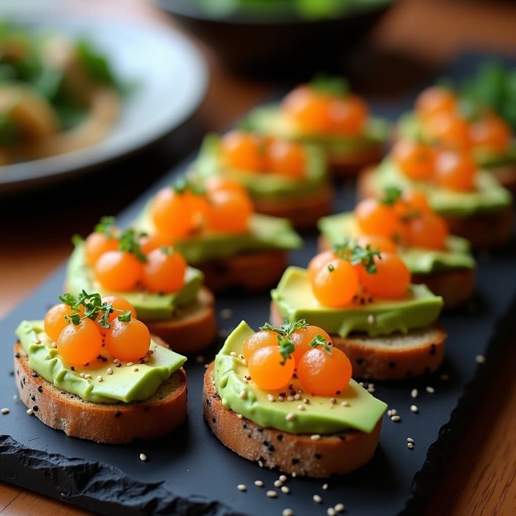 Tostadas de Aguacate y Huevas de Lumpo con Wasabi: Entrante Japonés Gourmet