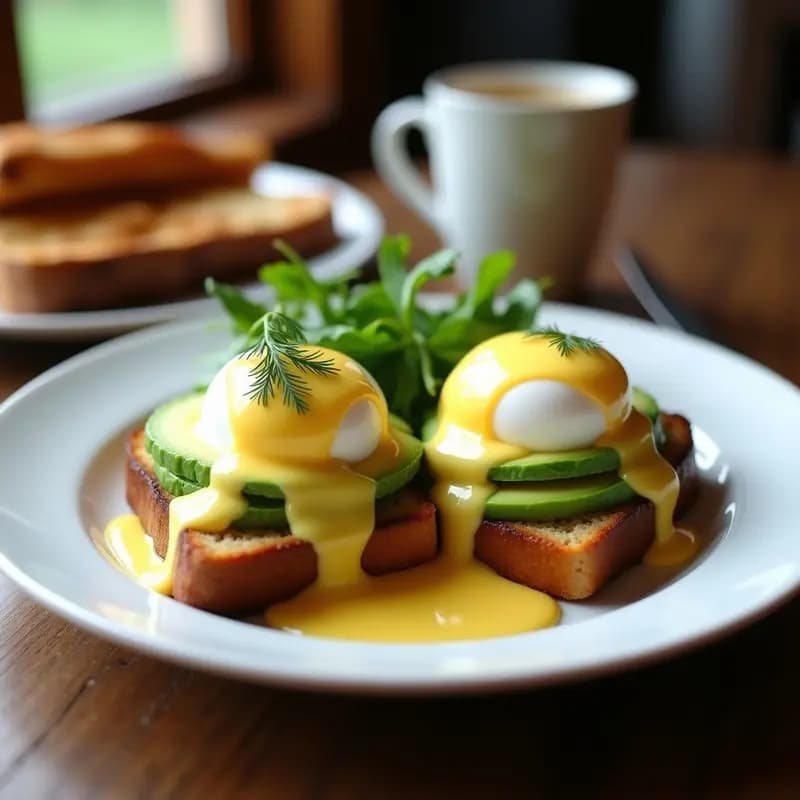 Tostadasrancesas con Aguacate y Huevo Poché en Salsa Holandes: Desayuno Francés Gourmet