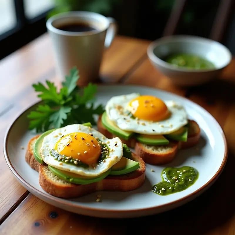 Tostadas de Aguacate con Huevos Pochados y Salsa de Chimichurri: Desayuno Argentino Alto en Proteína
