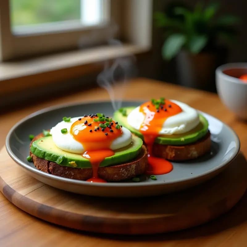 Tostadas de Aguacate con Huevos Poché y Vinagreta de Kimchi: Desayuno Fusion Coreano-Mexicano
