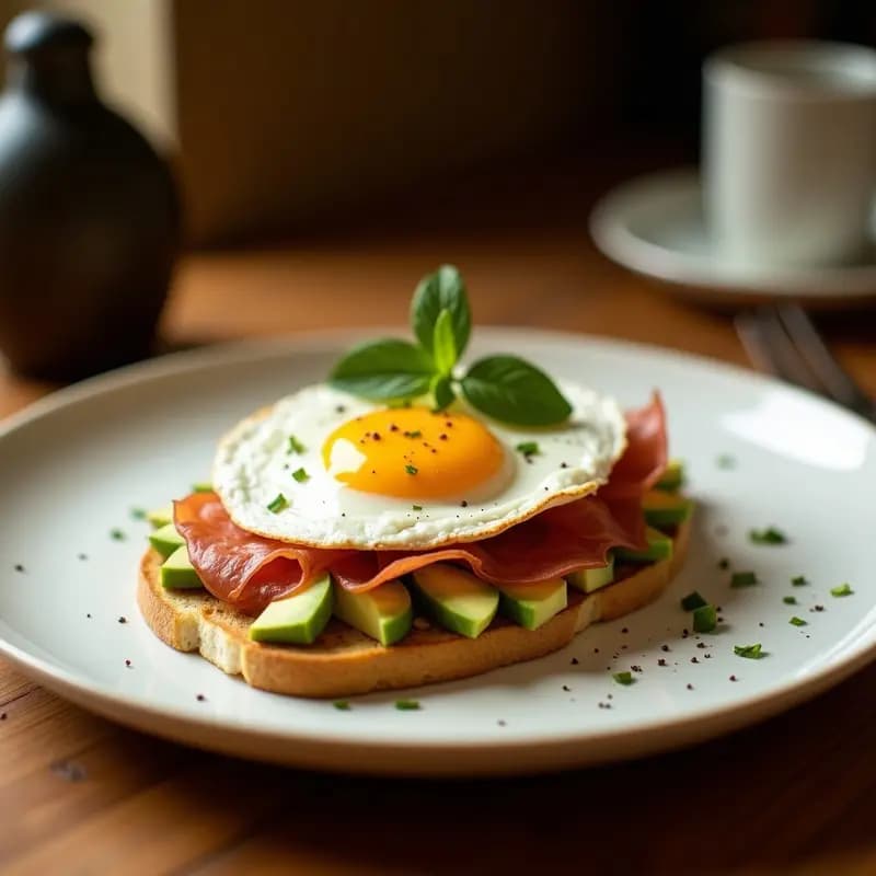 Tostadas de Aguacate, Jamón Serrano y Huevo Frito con Trufa: Desayuno de Rey