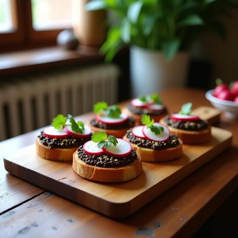 Tostadas de Pan de Alforfón con Pâté de Lentejas Beluga y Rabanitos: Receta Sin Gluten y Crujiente