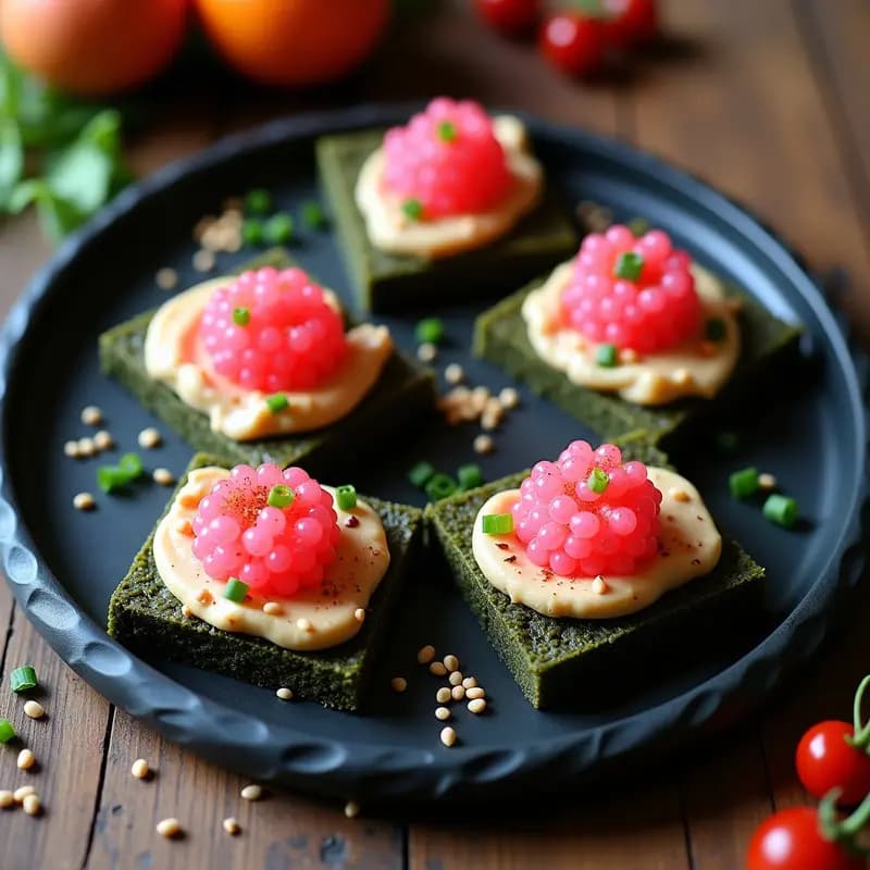 Tostadas de Pan de Alga con Paté de Garbanzos y Caviar de Remolacha: Aperitivo Crudivegano en 12 Minutos