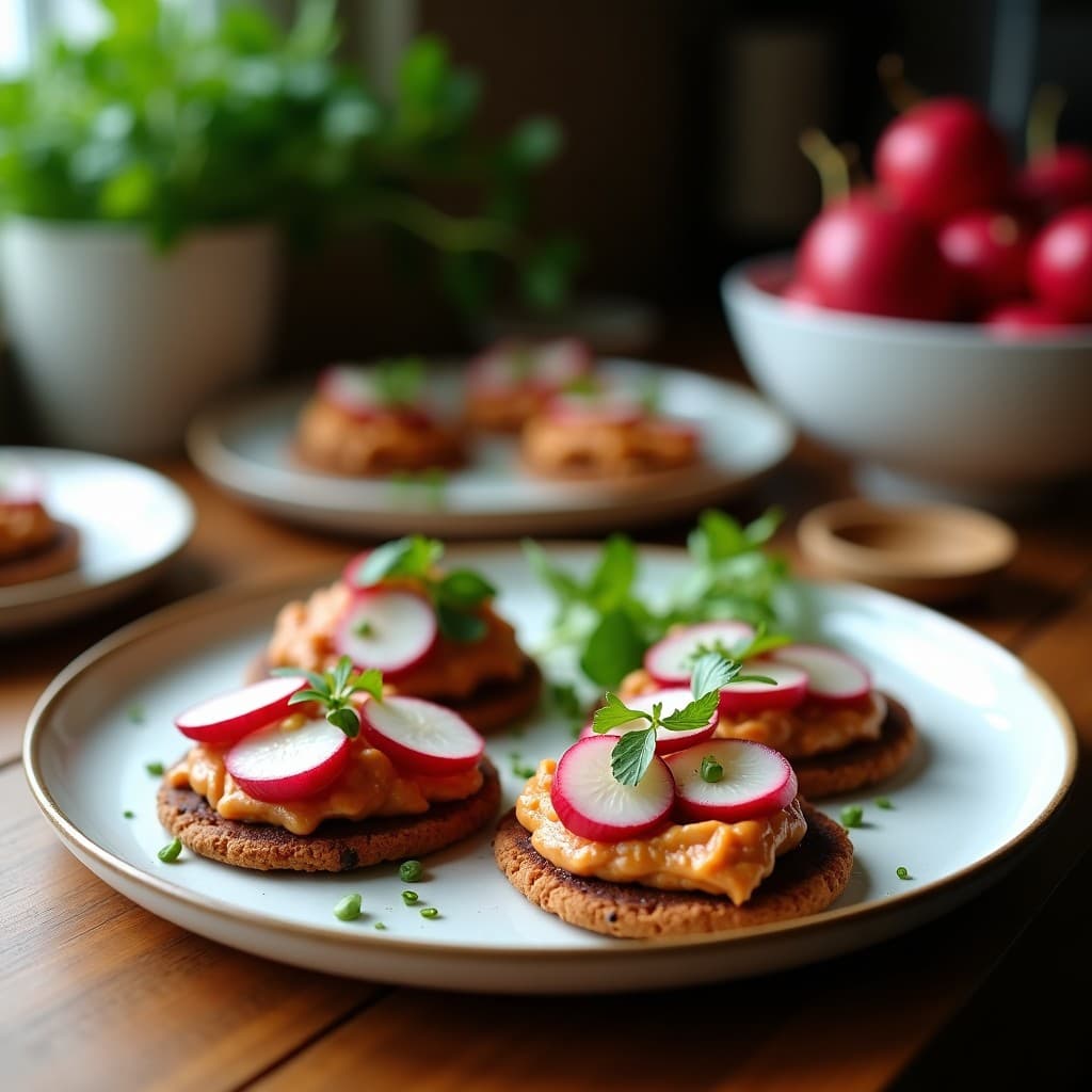 Tostadas de Pan de Algarroba con Hummus de Habas y Rábanos: Aperitivo Mediterráneo Sin Gluten