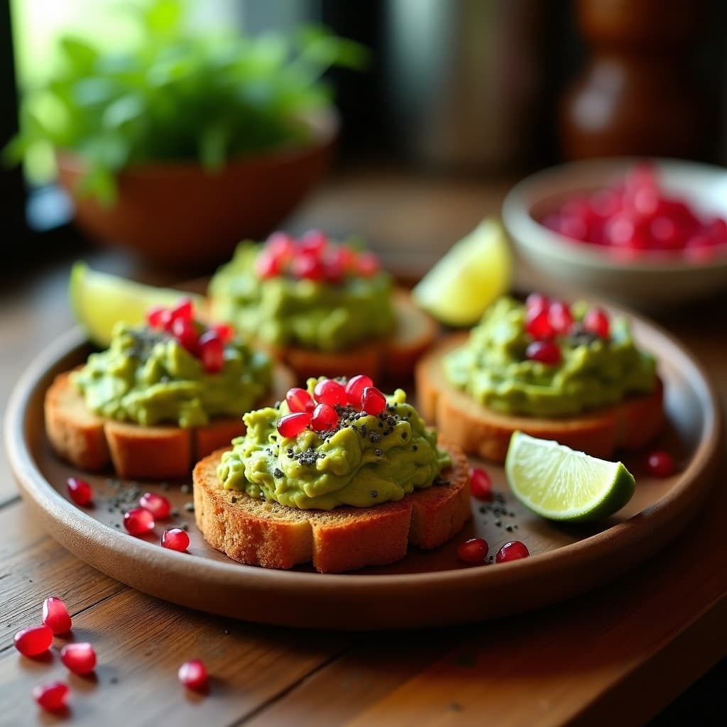 Tostadas de Pan de Amaranto con Guacamole de Aguacate y Granada: Aperitivo Mexicano Sin Gluten