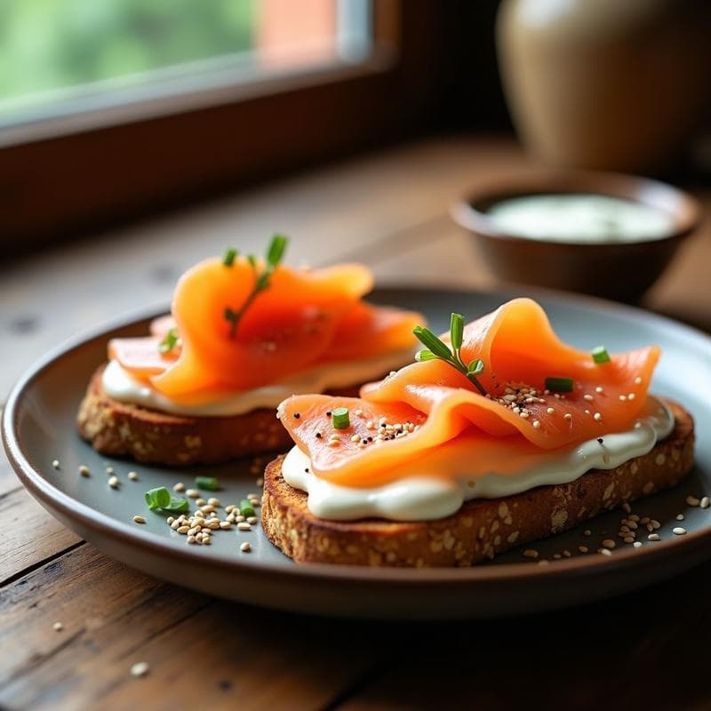 Tostadas de Pan de Avena con Crema de Anacardos y Salmón Ahumado: Desayuno Alta en Omega-3 Sin Gluten