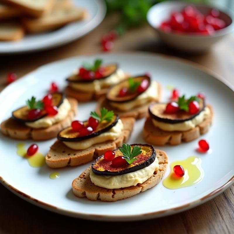 Tostadas Canapé con Hummus y Berenjena Asada: Receta Vegana Express para Aperitivos Gourmet