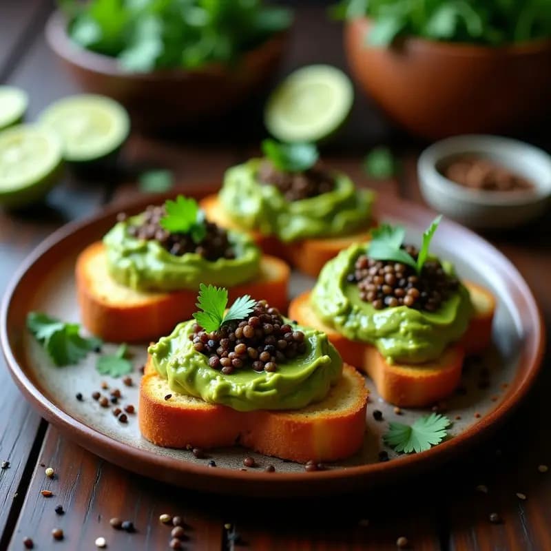 Tostadas de Pan de Cebolla con Aguacate y Caviar de Lentejas: Entrante Mexicano Vegano