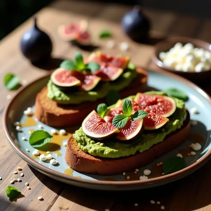 Tostadas de Pan de Centeno con Aguacate, Higos Frescos y Reducción de Vinagre de Módena: Desayuno Español de Autor