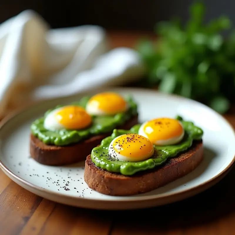 Tostadas de Pan de Centeno con Puré de Berros y Huevo de Codorniz: Desayuno Francés Alta en Hierro