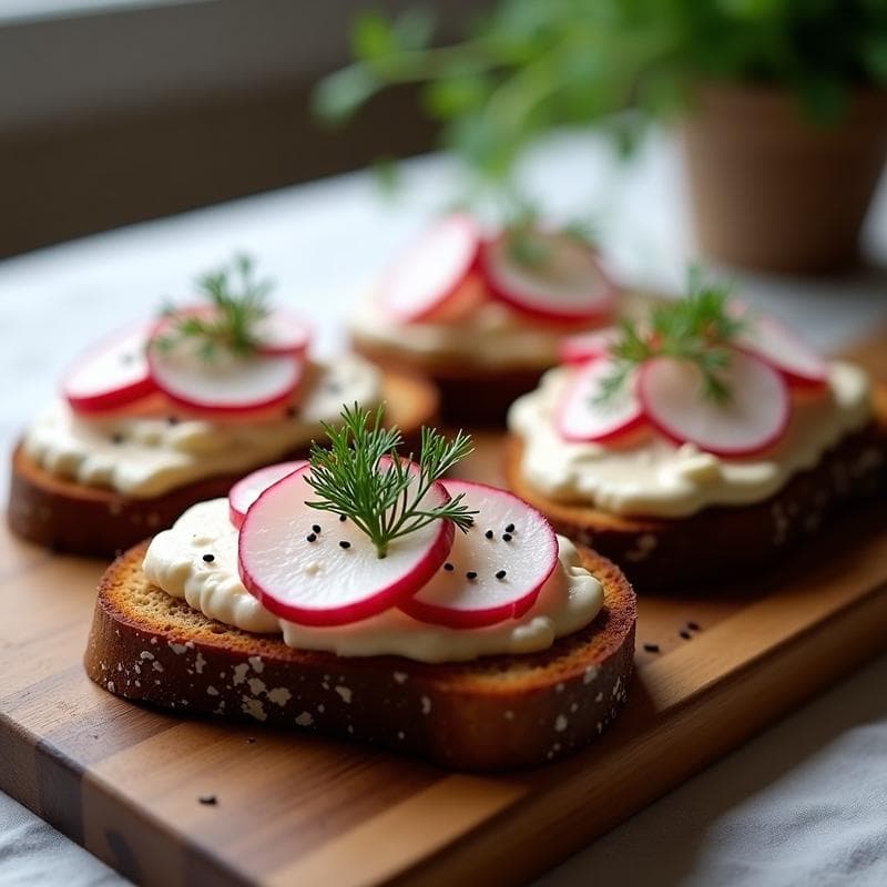 Tostadas de Pan de Centeno con Crema de Anacardos y Rábanos: Aperitivo Escandinavo