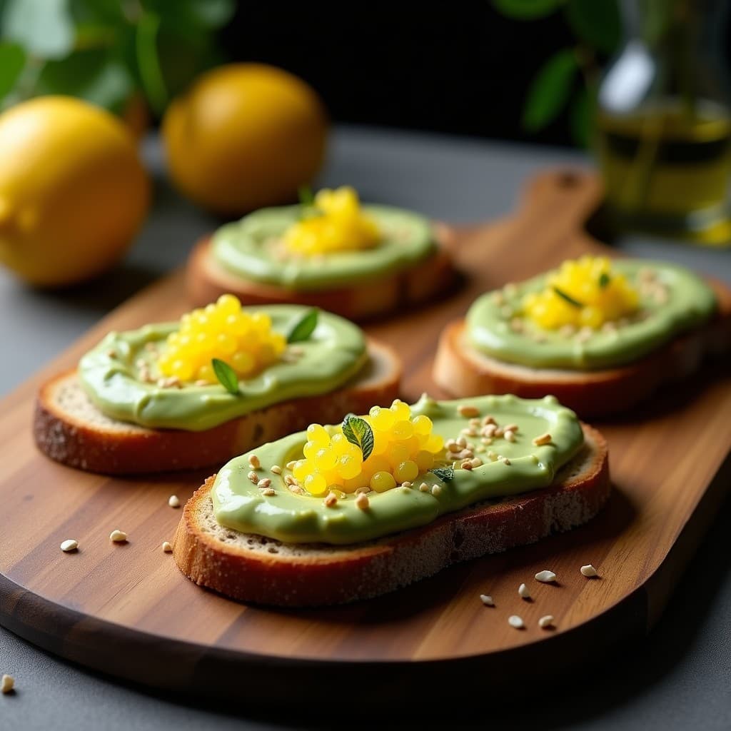 Tostadas de Pan de Centeno con Crema de Edamame y Caviar de Limón: Entrante Europeo Gourmet