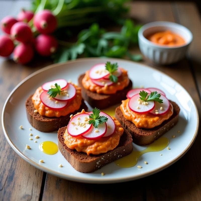 Tostadas de Pan de Centeno con Crema de Lentejas Rojos y Rábanos: Desayuno Vegano y Alto en Hierro