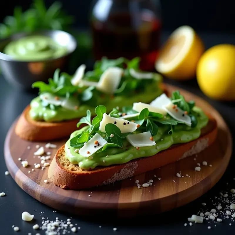 Tostadas de Pan de Centeno con Crema de Edamame y Rúcula con Virutas de Parmesano Vegano